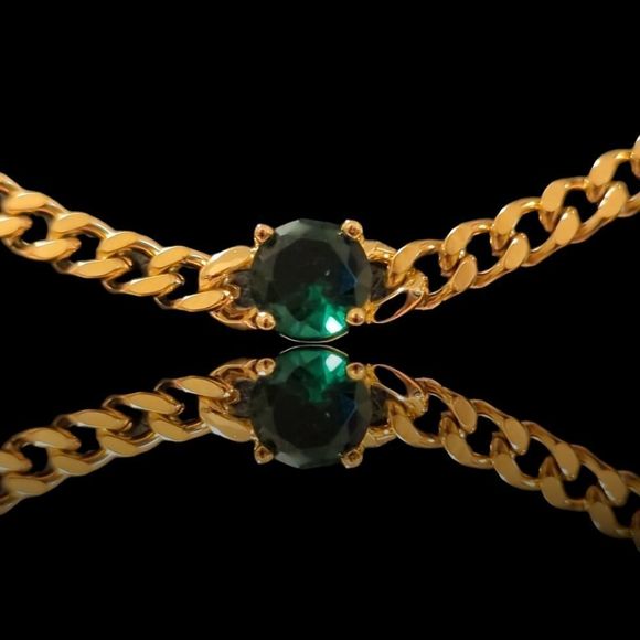 24" x 3mm 14K Gold Finish Green Stone Cuban Chain Over Stainless Steel. - Picture 5 of 11